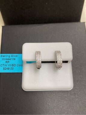 Sterling Silver Moissanite Pavé Huggie Earrings - White